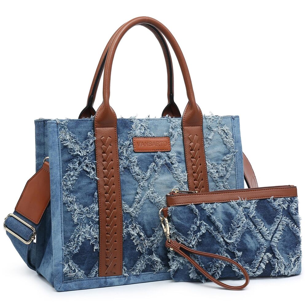2049 Denim Tote Bag Top Handle Satchel Purse Boho Shoulder Handbags